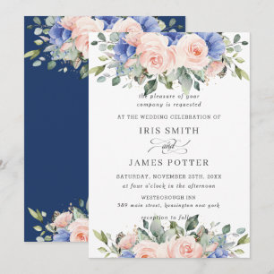 Invitación Rústico Boda de vegetación floral rosa azul Rubor