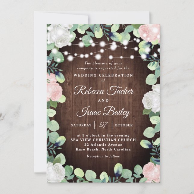 Invitación Rústico Boda de verde de Rubor rosa y rosa blanco (Anverso)