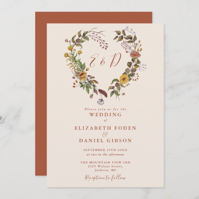 Invitación Rústico Boda del Corazón Floral del Otoño (Anverso / Reverso)