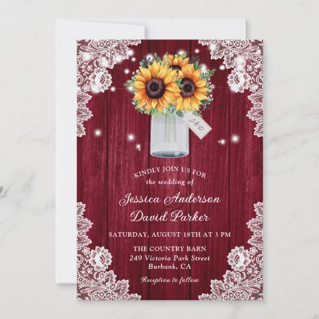 Invitación Rústico Boda del girasol de Borgoña Lace Mason Jar (Anverso)