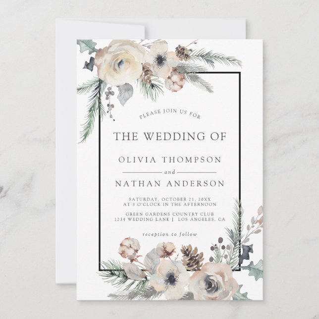 Invitación Rústico Boda del marco negro floral de pino de inv (Anverso)