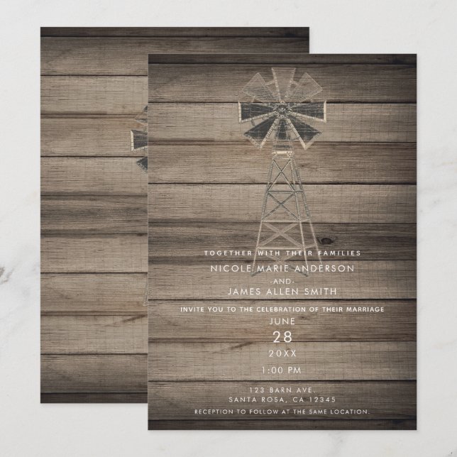 Invitación Rústico Boda del Molino Eólico De Madera Weathered (Anverso / Reverso)