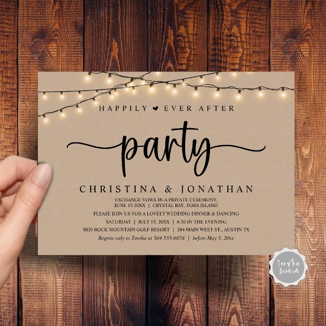 Invitación Rústico Boda Elopement, felizmente después de Fies (Rustic Wedding Elopement, Happily Ever After Party Invitation Card, PDF, String Lights Brown Kraft)