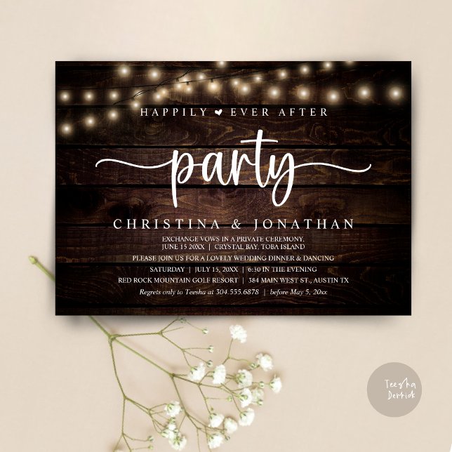 Invitación Rústico Boda Elopement, felizmente después de Fies (Rustic Wedding Elopement, Happily Ever After Party Invitation card, pdf, in cottage dark wood)