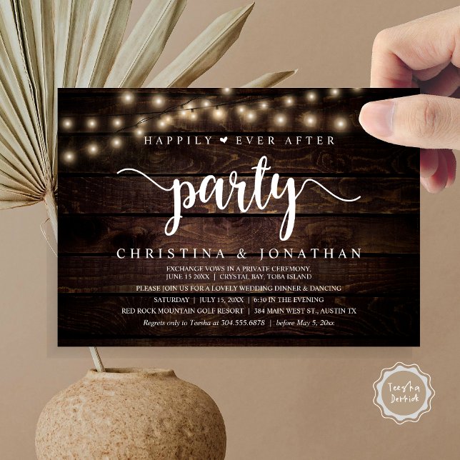 Invitación Rústico Boda Elopement, felizmente después de Fies (Rustic Wedding Elopement, Happily Ever After Party Invitation card, pdf, in cottage dark wood)