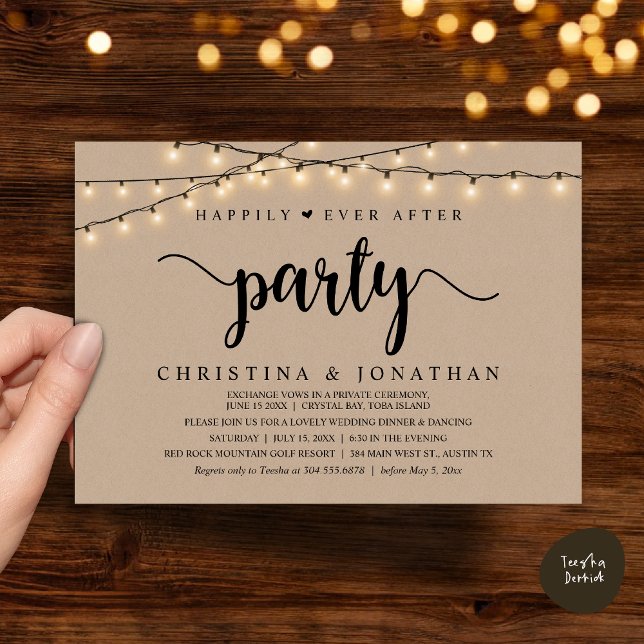 Invitación Rústico Boda Elopement, felizmente después de Fies (Rustic Wedding Elopement, Happily Ever After Party Invitation Card, PDF, String Lights Brown Kraft)