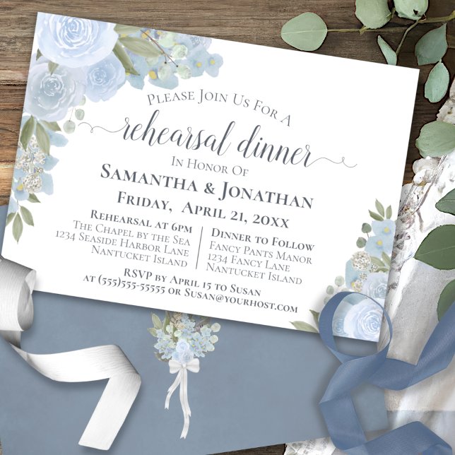 Invitación Rústico Boda floral azul agitado Cena (Front/Back)