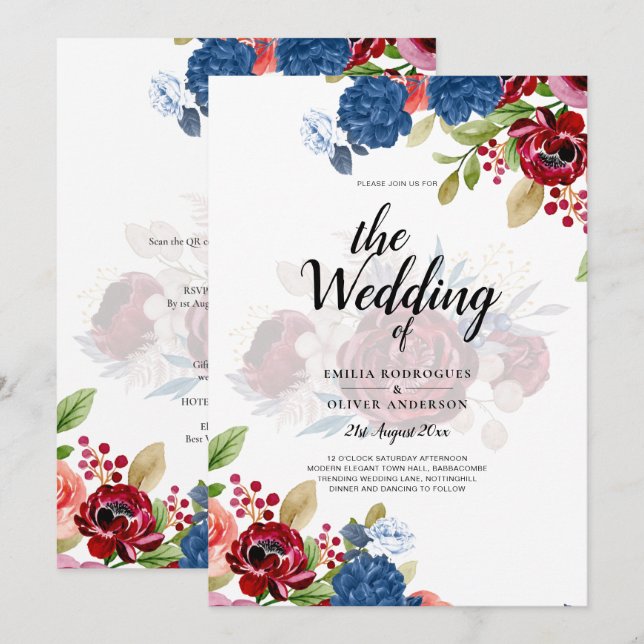 Invitación Rústico Boda floral azul borgoñés (Anverso / Reverso)