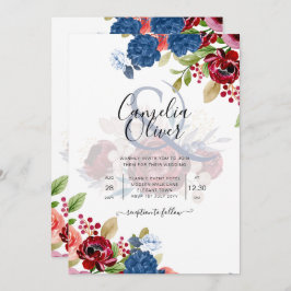 Invitación Rústico Boda floral azul borgoñés