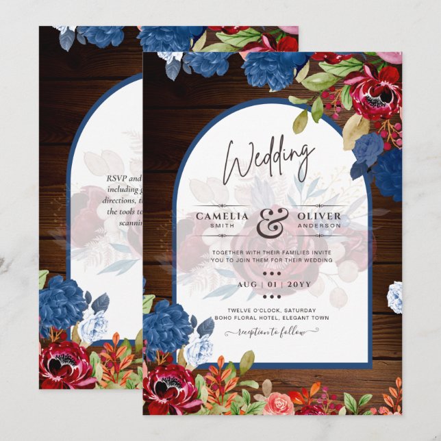Invitación Rústico Boda floral azul borgoñés (Anverso / Reverso)