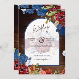 Invitación Rústico Boda floral azul borgoñés