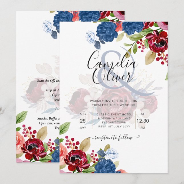 Invitación Rústico Boda floral azul borgoñés (Anverso / Reverso)