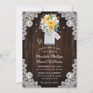 Invitación Rústico Boda floral azul turbulento amarillo