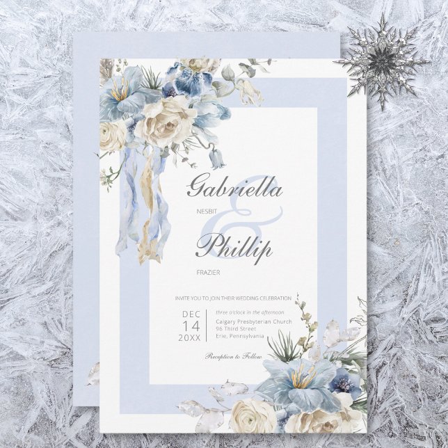 Invitación Rústico Boda floral azul y blanco helado de invier (Subido por el creador)
