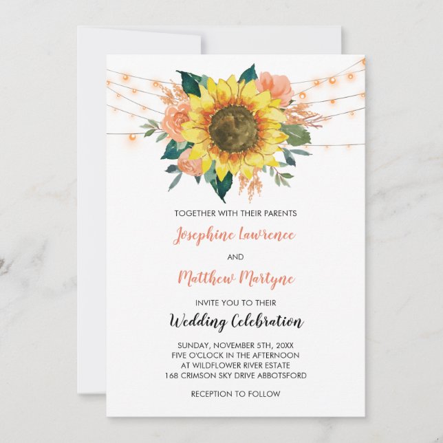 Invitación Rústico Boda floral de cuerdas de girasol claro (Anverso)
