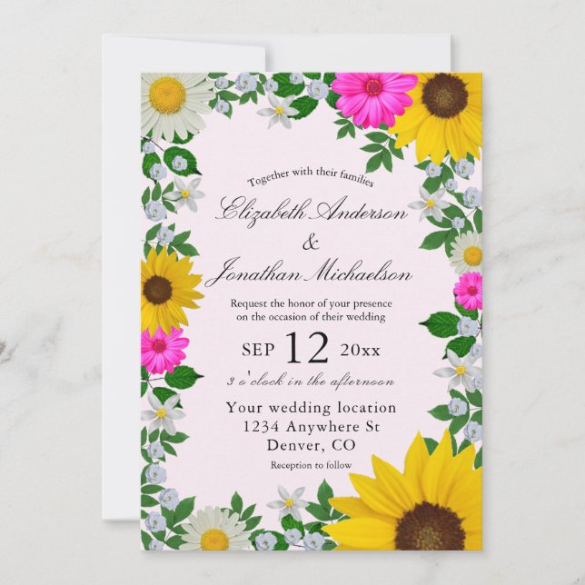 Invitación Rústico Boda floral de daisy de girasol (Anverso)