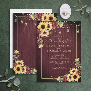 Invitación Rústico Boda floral de girasol borgoña de madera