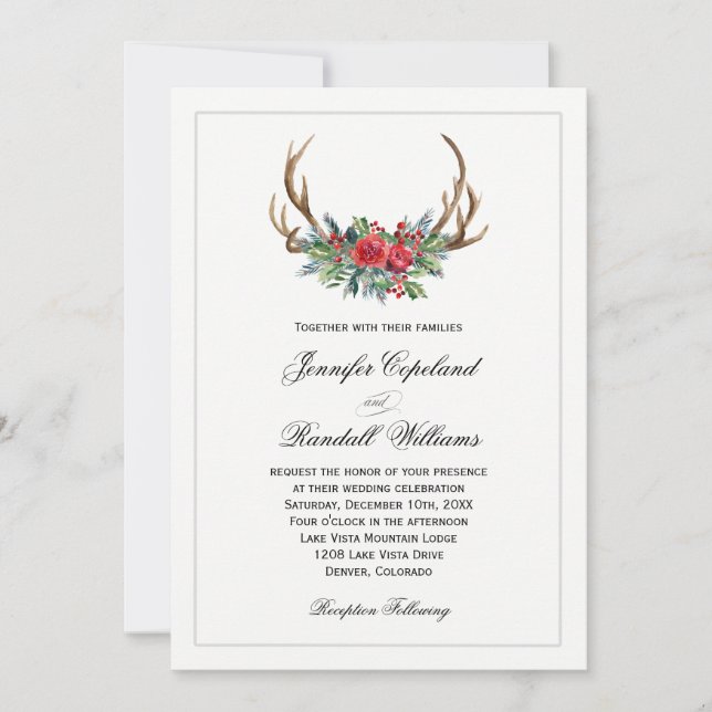 Invitación Rústico Boda floral de invierno rojo (Anverso)