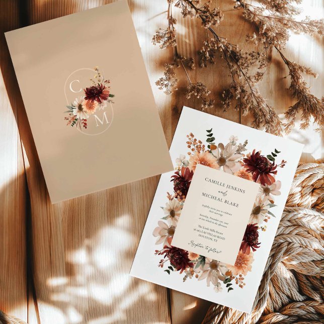Invitación Rústico Boda floral de la caída de Borgoña (Fall Burgundy Floral Wedding Invitation)