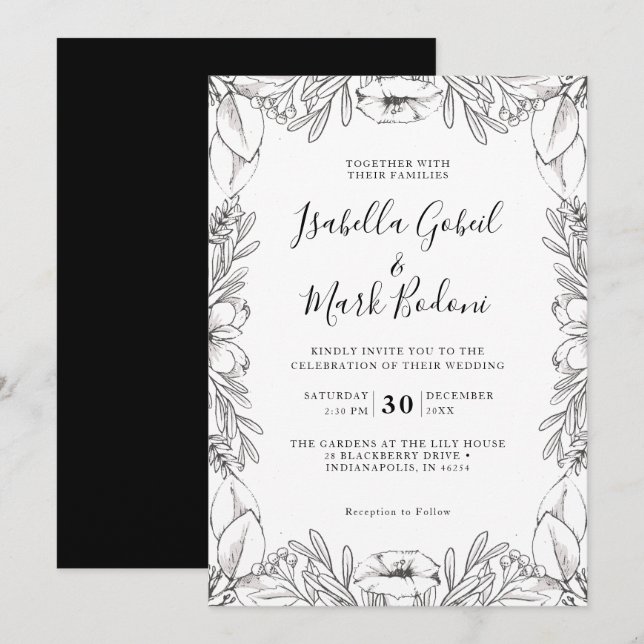 Invitación Rústico Boda floral de mano blanca negra esbozada (Anverso / Reverso)