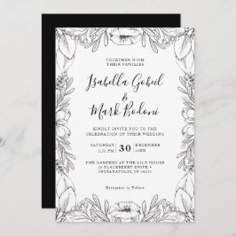 Invitación Rústico Boda floral de mano blanca negra esbozada