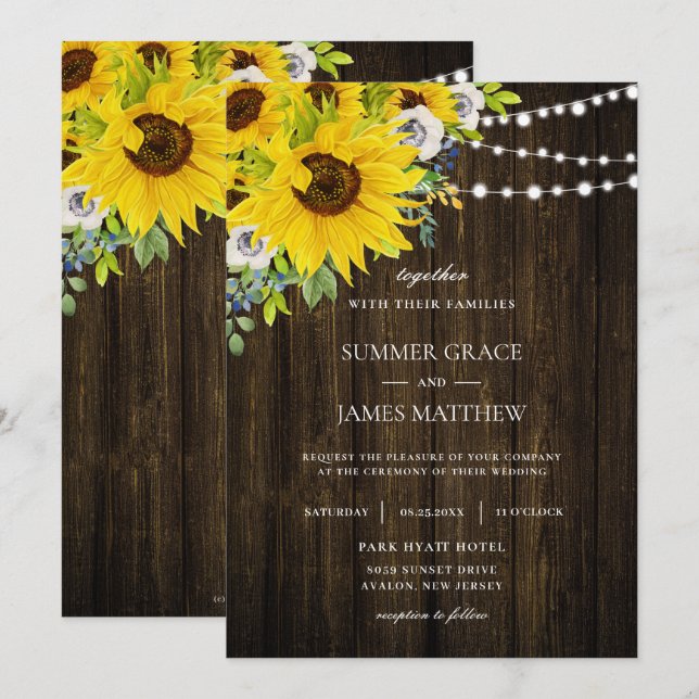 Invitación Rústico Boda floral de marfil de girasol  (Anverso / Reverso)