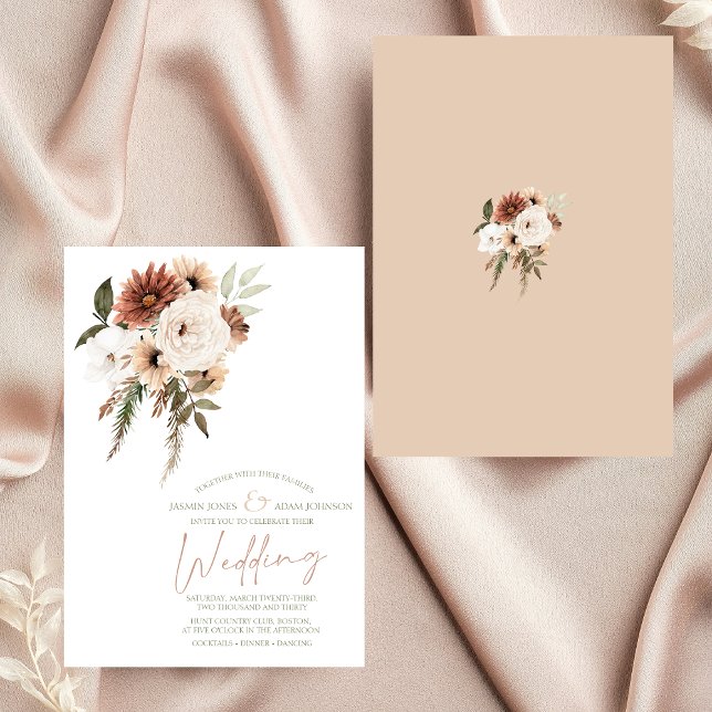 Invitación Rústico Boda Floral de Peach Terracotta Greenery (Elegant Peach Olive Green Floral Wedding Invitation)