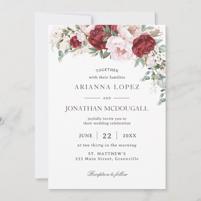 Invitación Rústico Boda floral de Rubor Pink Peonies (Anverso)