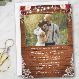 Invitación Rústico Boda Floral Madera Luces Lace Foto