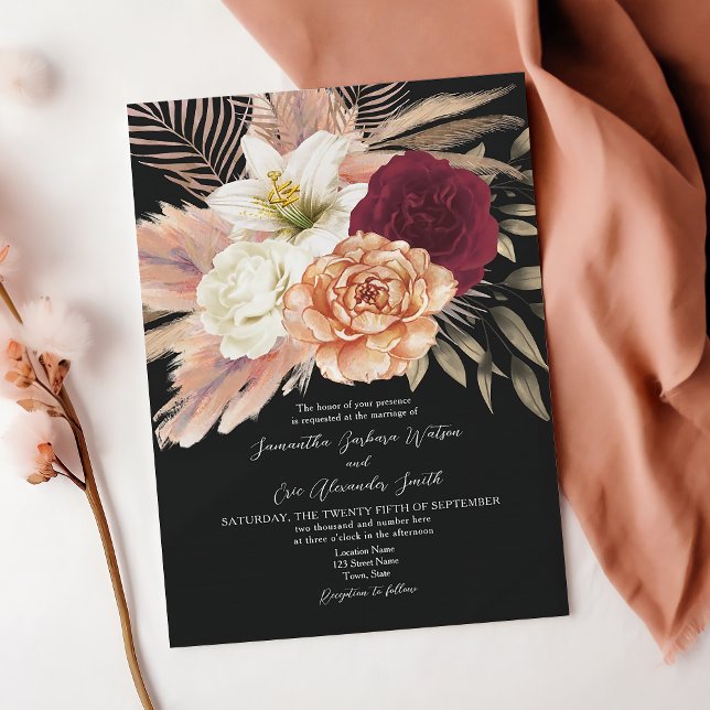 Invitación Rústico Boda floral negro de Borgoña (Subido por el creador)
