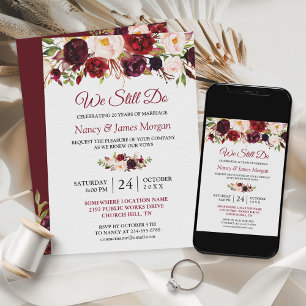 Invitación Rústico Boda floral rojo borgoña promete renovació
