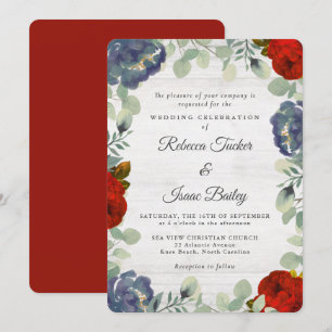 Invitación Rústico Boda floral rojo y azul