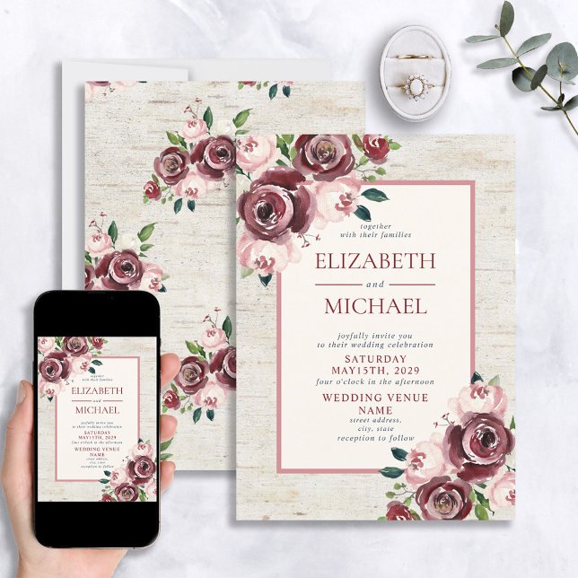 Invitación Rústico Boda floral Rosa de Rubor Borgoña (Subido por el creador)