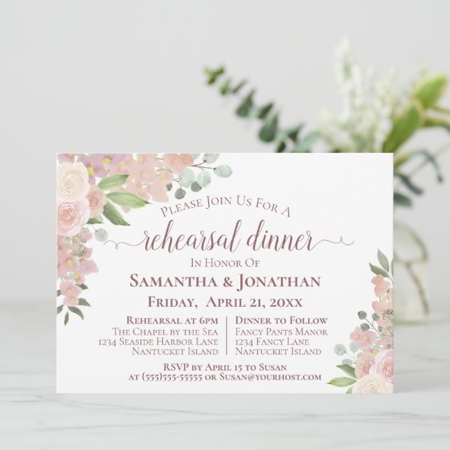 Invitación Rústico Boda floral rosa de Rubor Ensayo de cena (Anverso de pie)