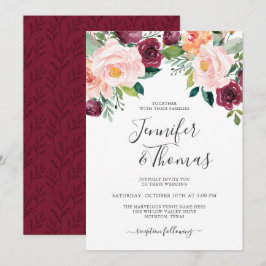 Invitación Rústico Boda floral rosa y borgoñona