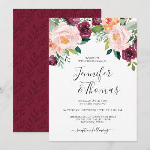 Invitación Rústico Boda floral rosa y borgoñona