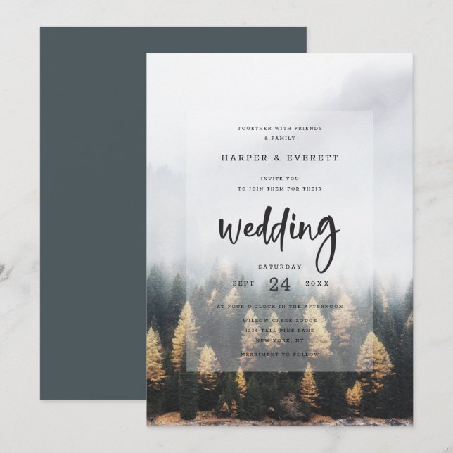 Invitación Rústico Boda Forestal de Pinos de Montaña (Anverso / Reverso)