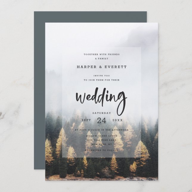 Invitación Rústico Boda Forestal de Pinos de Montaña (Anverso / Reverso)