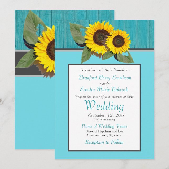 Invitación Rústico Boda Girasol Verde azulado Madera Gris Str (Anverso / Reverso)