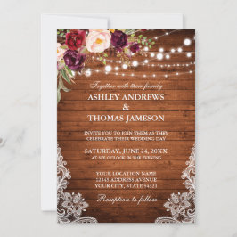 Invitación Rústico Boda Luces de Madera Lace Burgundy Floral