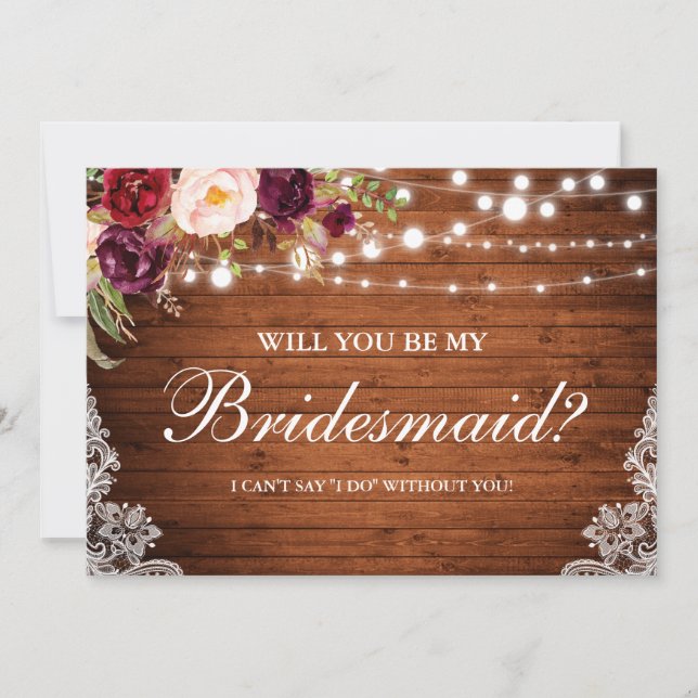 Invitación Rústico Boda Luces de Madera Lace Floral Bridesmai (Anverso)