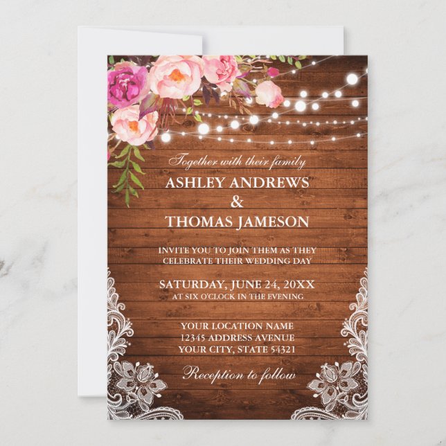 Invitación Rústico Boda Luces de Madera Lace Floral Rubor ros (Anverso)