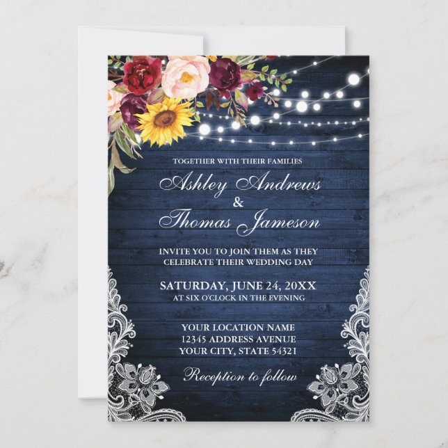 Invitación Rústico Boda Luz de Madera Azul Lace Floral (Anverso)