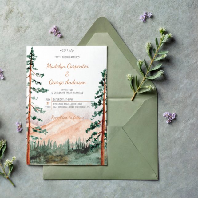 Invitación Rústico Boda paisajista de los árboles de las mont (Subido por el creador)