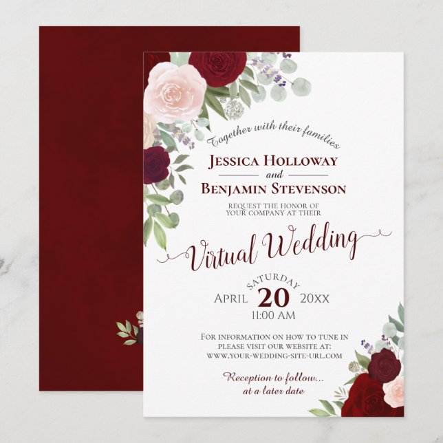Invitación Rústico Boda virtual floral rojo y rosa de Borgoña (Anverso / Reverso)