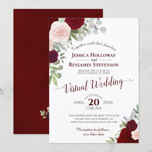 Invitación Rústico Boda virtual floral rojo y rosa de Borgoña
