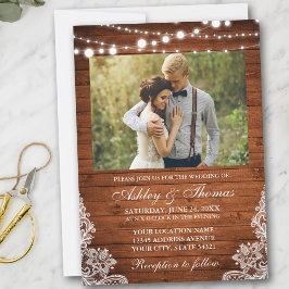 Invitación Rústico Boda Wood Lights Lace Photo