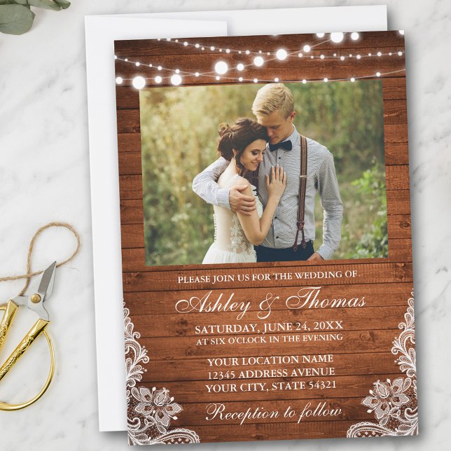 Invitación Rústico Boda Wood Lights Lace Photo (Customize to add more text or more photos to back of card.)