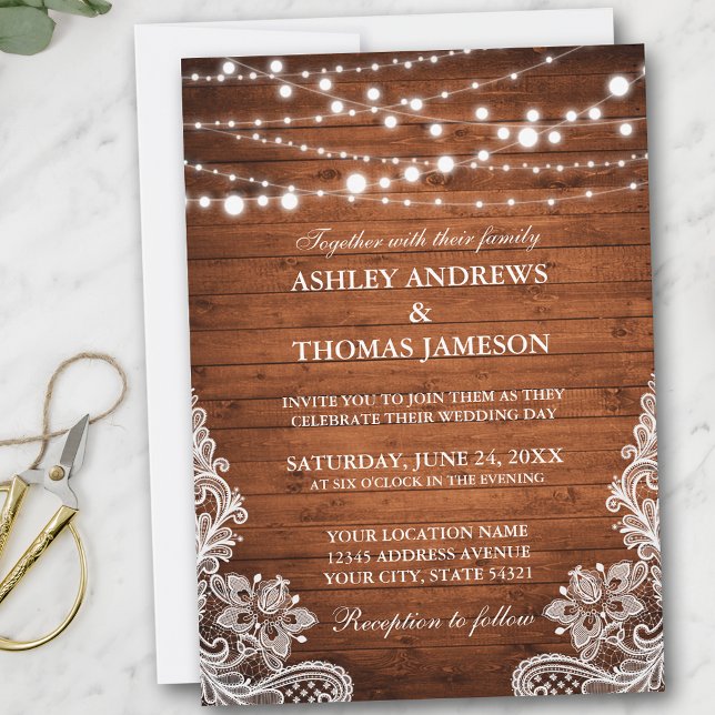Invitación Rústico Boda Wood String Luces Lace (Customize to add more text or photos to back of card.)