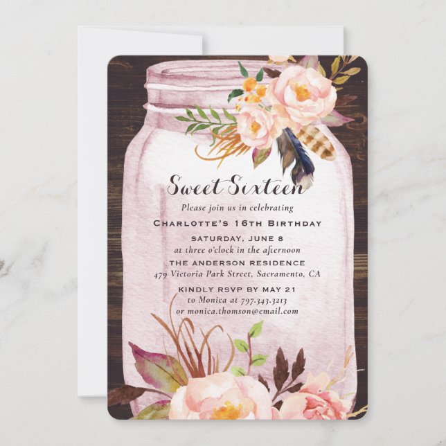 Invitación Rústico bohemio Mason Jar Pink Sweet 16 cumpleaños (Anverso)